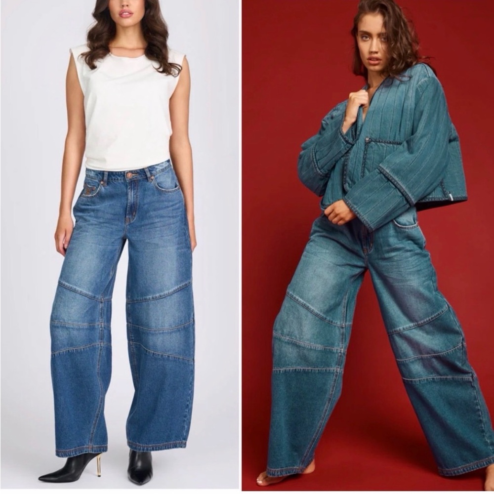 NWT Free People x One Teaspoon Barrel Leg Seamed Jeans in Deep Pacifica Jeans